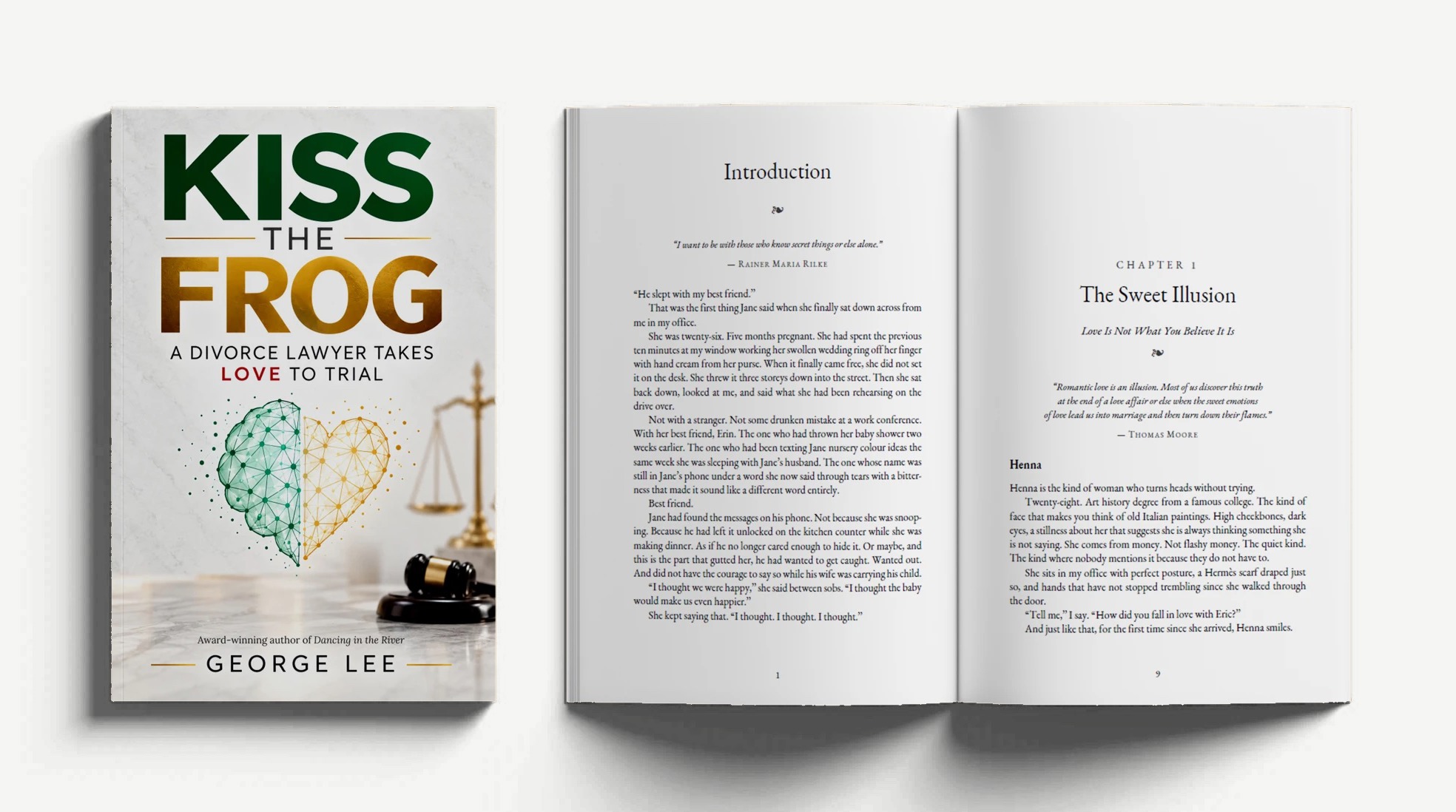 The Kiss the Frog front cover beside the open book, showing the Introduction and the first page of Chapter 1, The Sweet Illusion